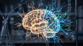 Modelo transparente de un cerebro humano con líneas de luz que simulan conexiones neuronales en tonos azules, verdes y naranjas.