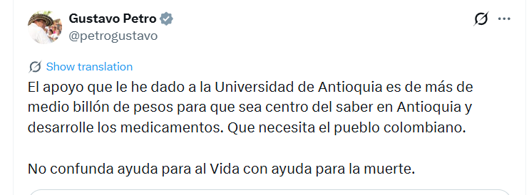 En su publicación, el jefe de Estado destacó el apoyo económico brindado por el Gobierno nacional a la Universidad de Antioquia - crédito @petrogustavo/X