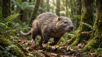 Nutria de pelaje húmedo y marrón corriendo por el suelo de un bosque. Se ven hojas y tierra levantándose mientras pasa entre árboles cubiertos de musgo y helechos.