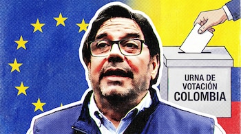 Ilustración risográfica: Hombre con gafas en primer plano, la bandera de la Unión Europea a su izquierda y una urna electoral de Colombia con una mano votando a su derecha.