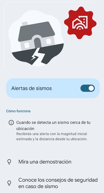 Pantalla de aplicación móvil que muestra una ilustración de una casa agrietada, un icono de alerta rojo, el título 'Alertas de sismos' y textos de explicación de la función