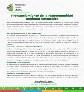 Comunicado de la Mancomunidad Amazónica.