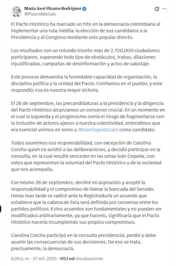 La excongresista María José Pizarro se refirió a la puja por la cabeza de la lista del Senado del Pacto Histórico - crédito @PizarroMariaJo/X