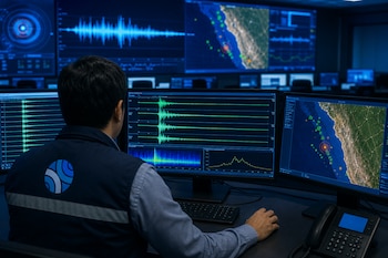 Un operador sentado de espaldas ante varios monitores analiza gráficos de ondas sísmicas y un mapa de la costa.