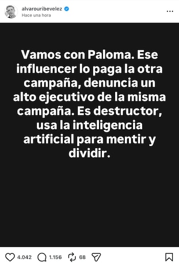 El expresidente criticó la publicación de una sátira política hecha con inteligencia artificial en la que aparece junto a otros líderes en una supuesta conspiración- crédito @alvarouribevelez/Instagram