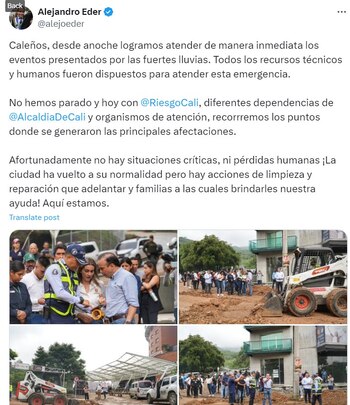 Publicación del alcalde de Cali, Alejandro Éder