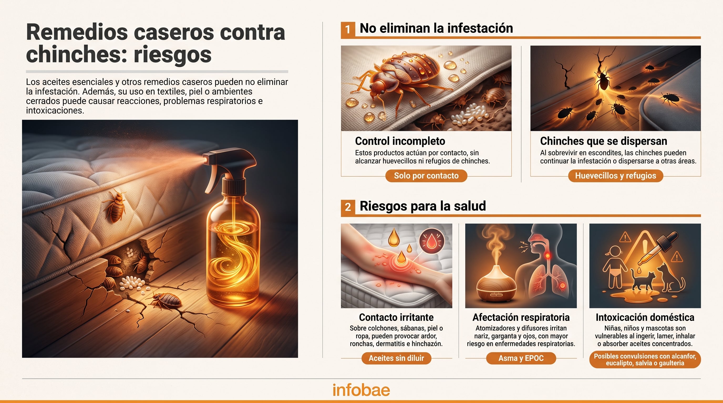 Una infografía de Infobae detalla las consecuencias para la salud y la falta de eficacia del uso de aceites esenciales y remedios caseros para combatir infestaciones de chinches. (Imagen Ilustrativa Infobae)