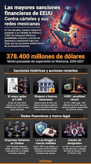 Un mazo judicial golpea un mapa de México, rodeado de sacos de dinero y redes de personas. Gráficos de sanciones a cárteles, bancos, empresas y personas.