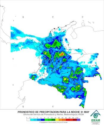 El Ideam advirtió lluvias y abundante nubosidad en gran parte del país para la noche electoral, especialmente en regiones del centro, sur y noroccidente - crédito Ideam/X