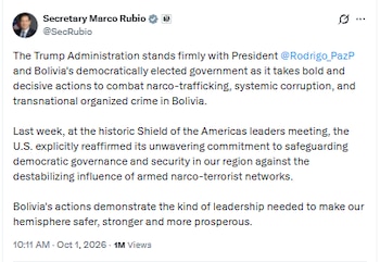 Este fue el mensaje de Marco Rubio, secretario de Estado de los Estados Unidos, tras la captura del fiscal general de Bolivia