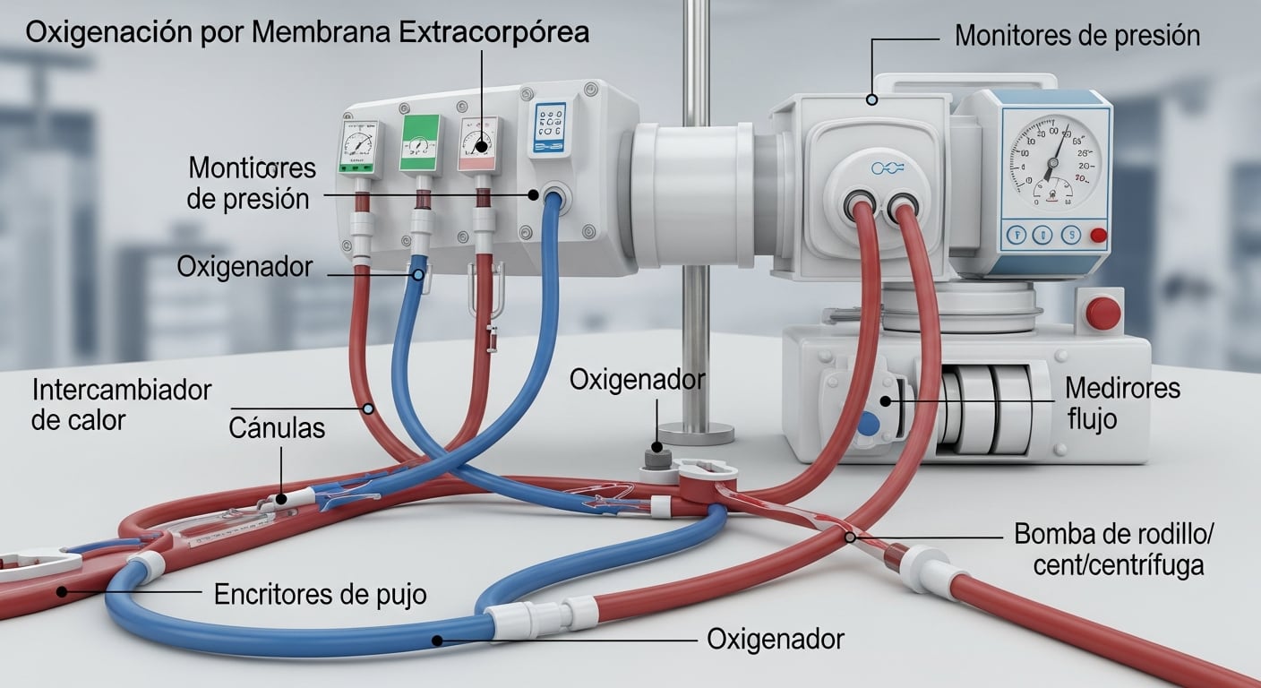 El sistema de Oxigenación por Membrana Extracorpórea (ECMO) se muestra en este diagrama con sus componentes principales, incluyendo oxigenadores, bombas, cánulas y monitores, esenciales para el soporte vital en casos de fallo cardiopulmonar. (Imagen Ilustrativa Infobae)