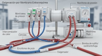 Diagrama ilustrativo en 3D de un sistema ECMO con tuberías rojas y azules, oxigenadores, monitores de presión, intercambiador de calor y bomba de rodillo.