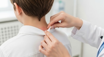 Una médica con guardapolvo blanco examina el cuello y la nuca de un niño, revelando una zona con enrojecimiento leve y piel seca. El rostro del niño no es visible.