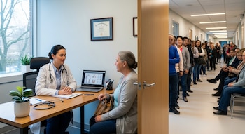 Una doctora y una paciente sentadas en una consulta con un portátil, y un pasillo lleno de pacientes esperando en fila fuera de la puerta.