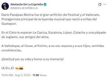 Abelardo de la Espriella lamentó el fallecimiento de Darío Pavajeau Molina - crédito @ABDELAESPRIELLA / X