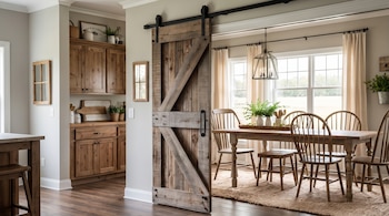 Una puerta corredera de madera separa una cocina con armarios y un comedor con mesa, sillas, lámpara colgante y ventanas con cortinas.