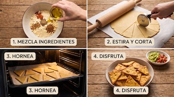 Cuatro imágenes muestran la preparación de nachos: ingredientes en un bol, masa cortada en triángulos, triángulos horneándose y nachos servidos con guacamole y salsa.