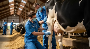 Dos veterinarios con mascarillas y guantes examinan la ubre de una vaca lechera. En un establo moderno, otros trabajadores están al fondo.