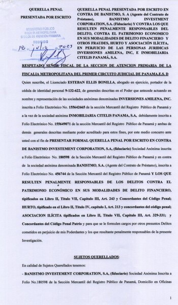 Querella contra Banistmo, entidad que