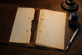 Carpeta de cuero abierta con hojas antiguas sobre un escritorio de madera, junto a una pluma estilográfica y un tintero azul.