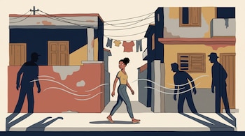 Ilustración de una mujer caminando en una calle entre casas sencillas, ropa tendida y sombras humanas en las paredes.