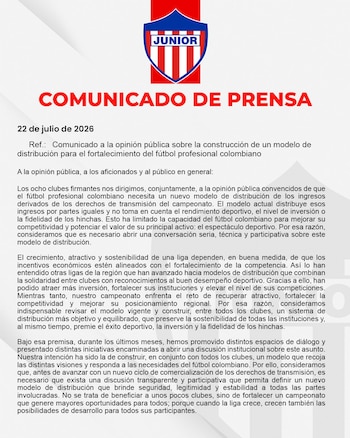 El vigente campeón del fútbol colombiano también se mostró en desacuerdo con el anuncio de la repartición de los derechos de TV-crédito Junior