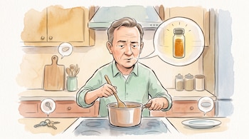 Ilustración de un hombre revolviendo una olla en la cocina, con una burbuja de diálogo que contiene un frasco de especias.