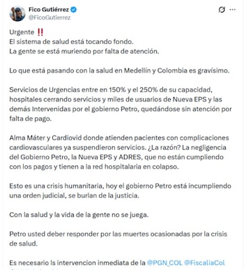 Federico Gutiérrez criticó al presidente Gustavo Petro por la crisis sanitaria que afecta a Medellín y al país, reclamando respuestas frente al colapso hospitalario - crédito @FicoGutierrez / X