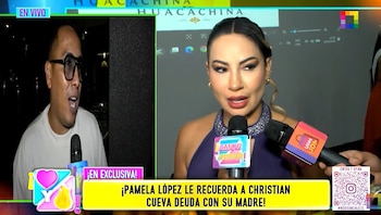 Captura de pantalla de un programa de televisión que muestra a Pamela López y a Christian Cueva hablando ante micrófonos