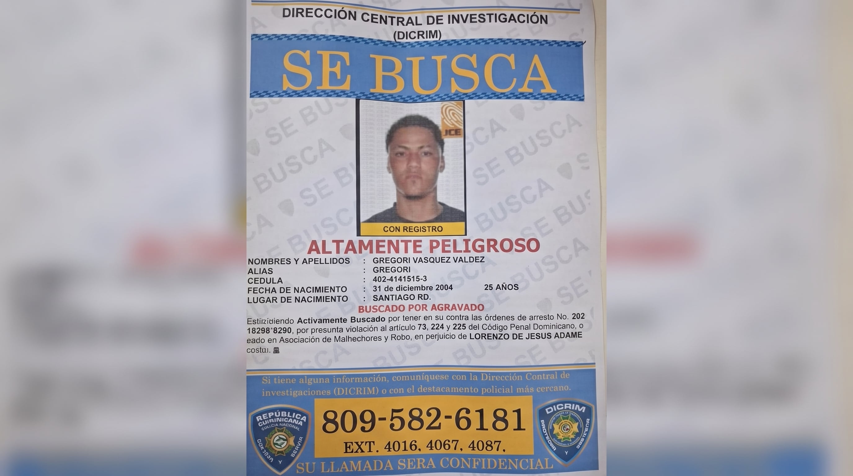 Un cartel de la Dirección Central de Investigación de República Dominicana solicita información sobre el paradero de Gregori Vásquez Valdez, acusado de robo. (Imagen Ilustrativa Infobae)