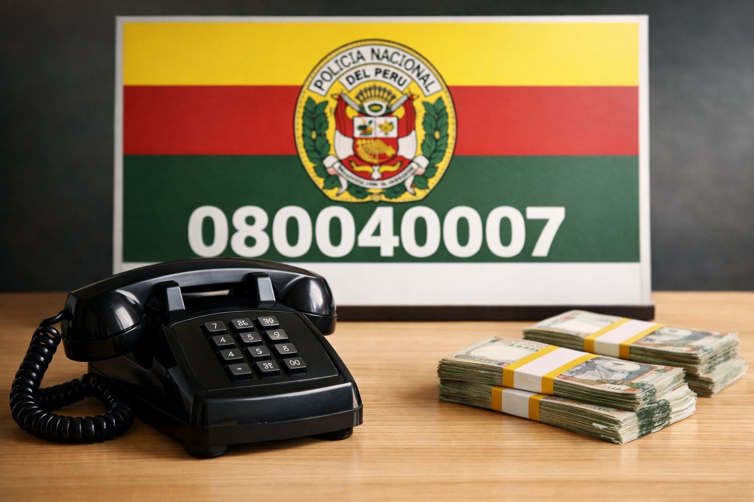 Un teléfono fijo antiguo junto a fajos de billetes peruanos y un cartel de la Policía Nacional del Perú con el número de denuncia, simbolizando la campaña de recompensa por información criminal. (Imagen Ilustrativa Infobae)