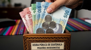 Mano inserta billetes y monedas de quetzales guatemaltecos en caja de madera. La caja tiene el texto "Deuda Pública de Guatemala - Pequeños Inversionistas".