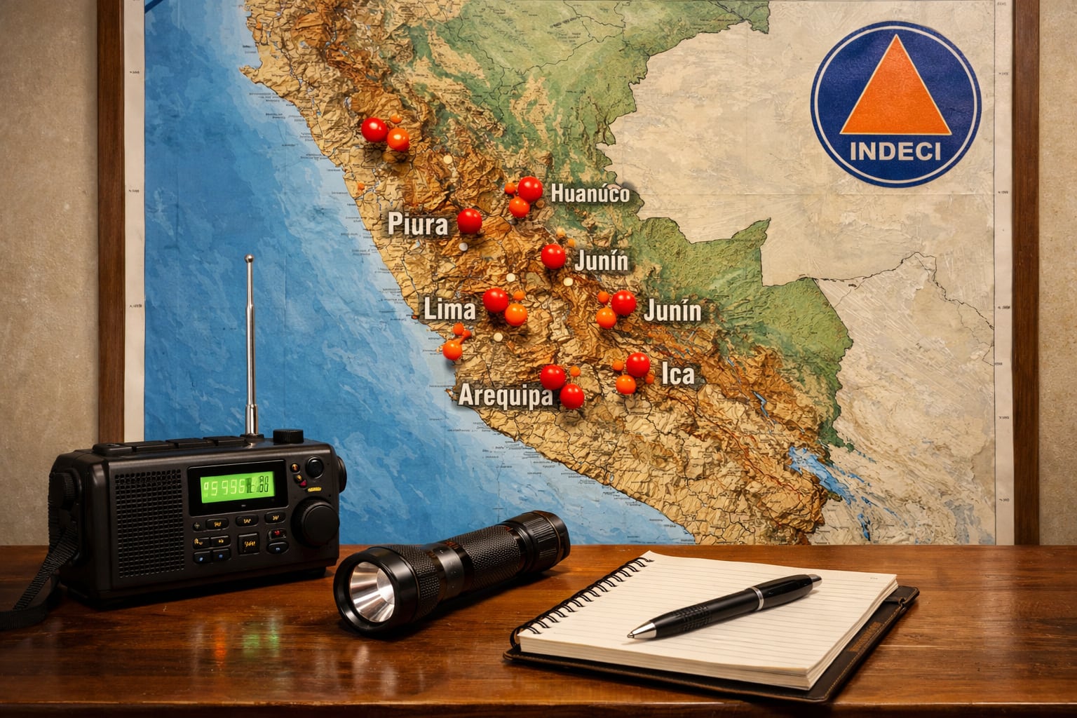 Un mapa físico de Perú muestra la ubicación de epicentros sísmicos recientes en varias regiones, acompañado por un radio, una linterna y un bloc de notas, elementos esenciales para la prevención civil. (Imagen Ilustrativa Infobae)