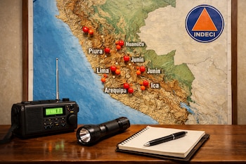 Mapa de Perú con marcadores rojos y naranjas, radio portátil, linterna, libreta y bolígrafo sobre una mesa de madera. Logo de Indeci visible.
