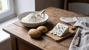 Un cuenco con harina, dos papas, queso azul sobre una tabla de cortar, un cuchillo y un paño de tela sobre una mesa de madera.