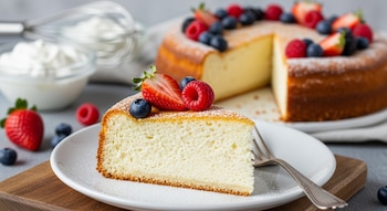 Rebanada de pastel de color claro en plato blanco, adornada con fresa, arándanos y frambuesa, espolvoreada con azúcar. Al fondo, pastel entero con bayas y crema.