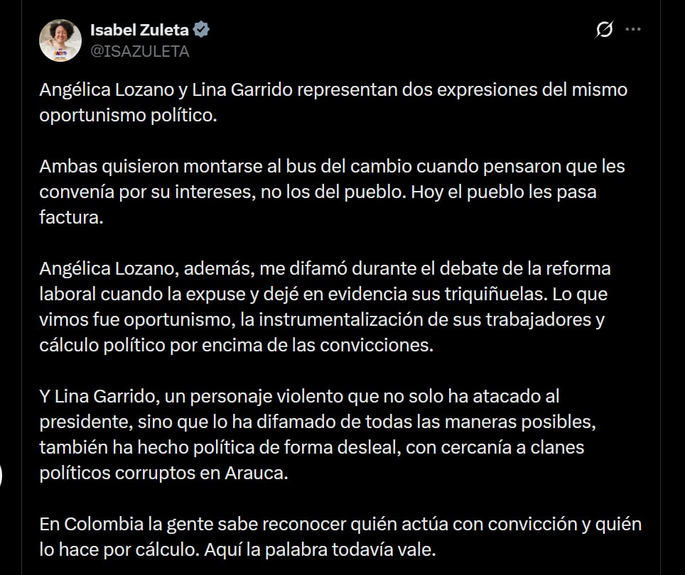 Zuleta atribuyó los resultados electorales de Angélica Lozano y Lina Garrido a su supuesto oportunismo político en el Congreso - crédito X