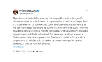 La publicación de Evo Morales en su cuenta personal de X