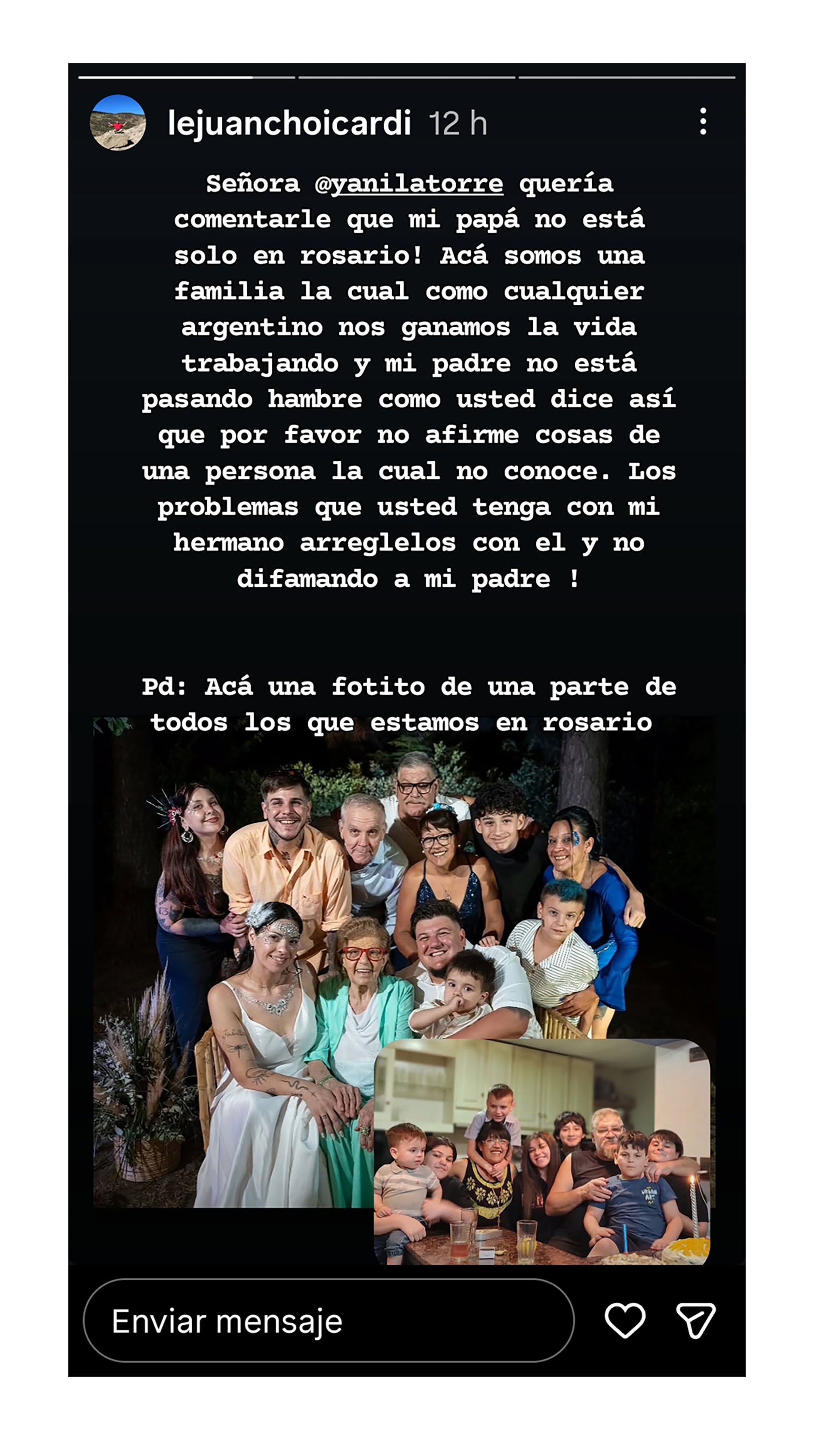 Juan Icardi respondió a Yanina Latorre en Instagram y desmintió los dichos sobre la situación de su padre en Rosario