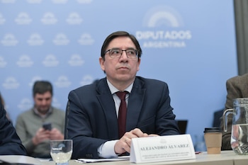 Un hombre con anteojos, traje azul y corbata roja está sentado frente a un cartel con el nombre Alejandro Álvarez y un fondo institucional