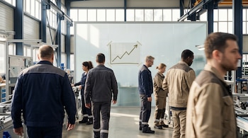 Grupo de trabajadores en uniformes en el pasillo de una fábrica moderna con grandes ventanas. Un gráfico de tendencia ascendente está pegado en una pared de vidrio.