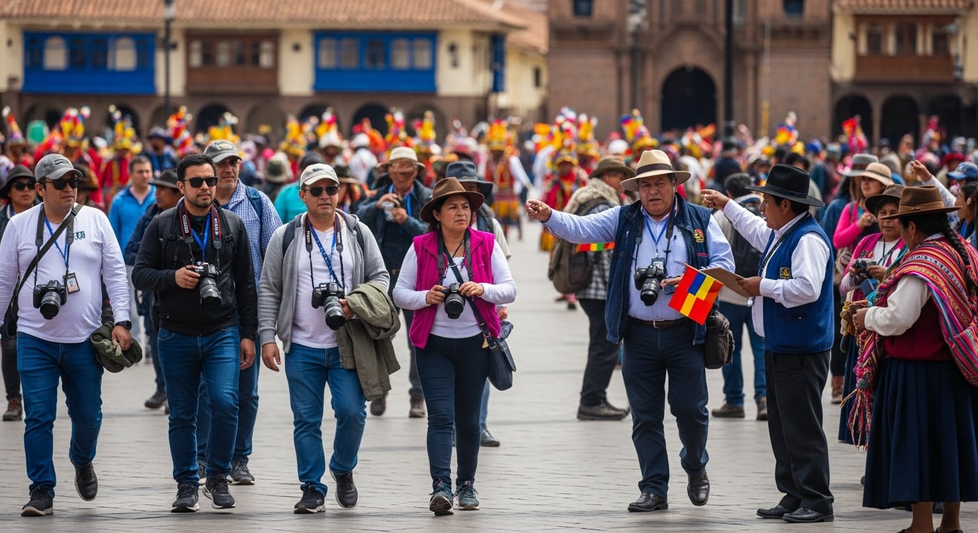 Turistas y guías locales transitan por la Plaza de Armas de Cusco durante las festividades del Inti Raymi, mientras personas con trajes coloridos y sombreros folclóricos animan el ambiente festivo. (Imagen Ilustrativa Infobae)