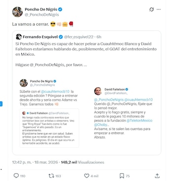 Una captura de pantalla que muestra una conversación de Twitter en español entre Poncho De Nigris y David Faitelson, con sus perfiles visibles