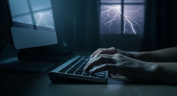 Primer plano de unas manos sobre un teclado de computadora de escritorio en una habitación oscura. Por la ventana se ven relámpagos de una tormenta eléctrica.