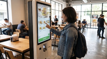 Una mujer con chaqueta vaquera toca una pantalla táctil que muestra opciones de hamburguesas en un restaurante moderno con mesas de madera y otros clientes al fondo.