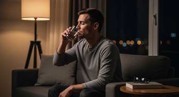 Hombre de mediana edad con camisa gris bebiendo agua sentado en un sofá oscuro, con una lámpara encendida y luces de la ciudad al fondo.
