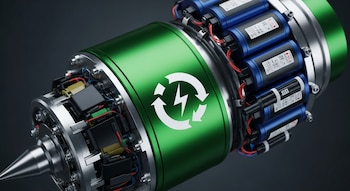 Motor eléctrico de avión con cubierta verde que muestra un símbolo de energía renovable, con cables y baterías expuestos.