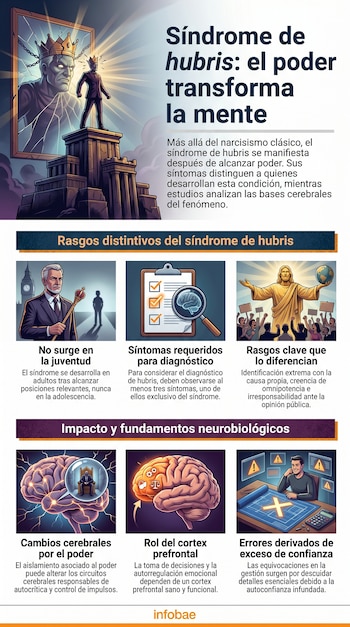 Infografía detallada sobre el síndrome de hubris, con ilustraciones de un hombre con corona, cerebros, una lista de síntomas y figuras alegóricas del poder.