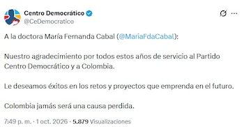 El Centro Democrático se manifestó poco después de la publicación del video de Cabal, mostrando su agradecimiento por su servicio a la colectividad - crédito @CeDemocratico/X