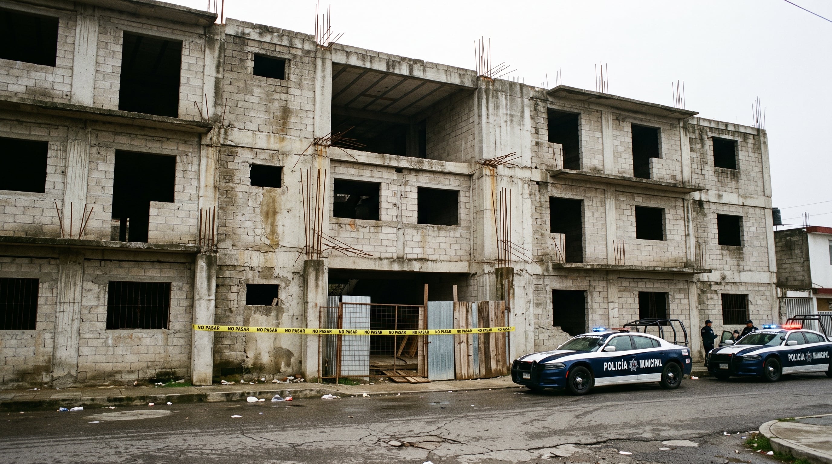 Una cinta de acordonamiento y patrullas de la policía municipal resguardan el acceso a un edificio en construcción abandonado. (Imagen Ilustrativa Infobae)